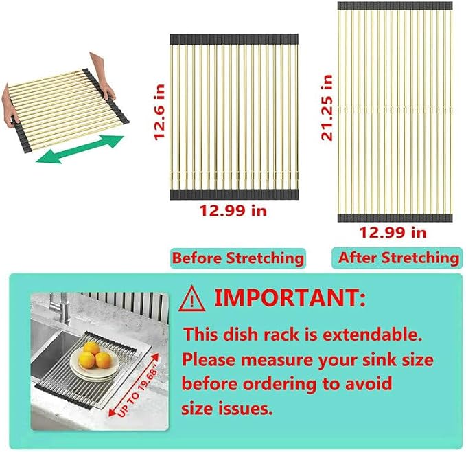 Large Telescopic Draining Rack, Gold Roll Up Heat-Resistant Dish Drainer for Stainless Steel Sinks, Non-Slip Silicone Rolling Dish Drainer Roll Rack 18 tube12.59-21.25x12.79''