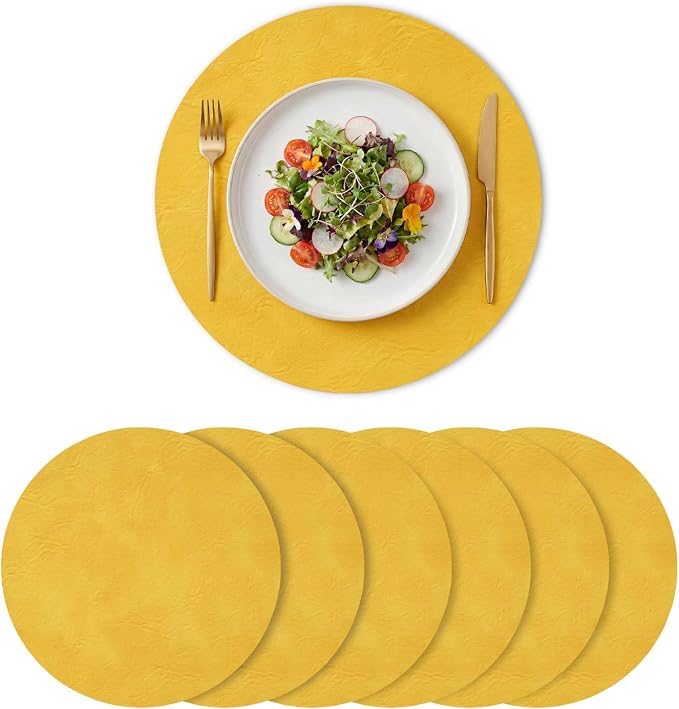 Artoid Mode Yellow Faux Leather Placemats Set of 6, 15 Inch Waterproof Wipeable Heat Resistant Vinyl Place Mats, Reversible Table Mats for Summer Kitchen Dining Decor