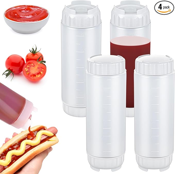 4 Pcs Refillable Squeeze Bottles 20 oz Large Condiment Squeeze Bottle Inverted Plastic Tip Sauce Dispenser Bottle for Sauces Ketchup Sour Cream Self Sealing Syrup Dispenser for Restaurants(White)