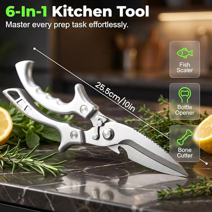 Multi-Purpose Kitchen Shears, 2026 Upgraded Heavy Duty Stainless Steel Kitchen Scissors, with Spring Loaded Handle, Stainless Steel Bone Cut Kitchen Scissors Poultry Shears (1)