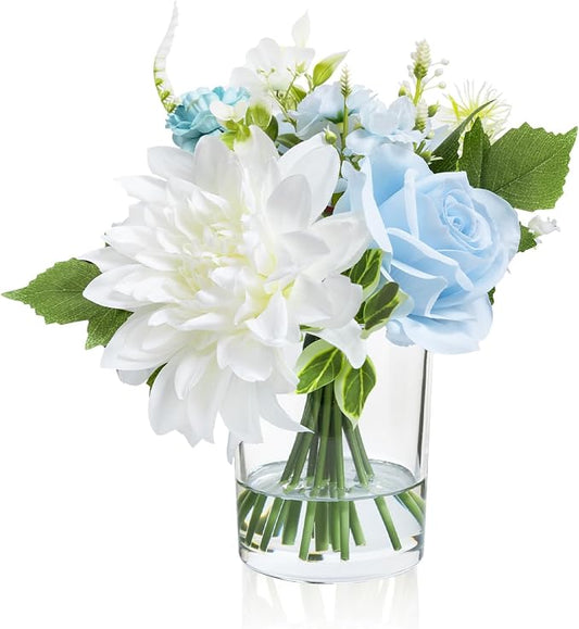 WELL KNOWN Artificial Flowers in Glass Vase with Fake Water, Silk Rose Dahlia Peony Flower Bouquet for Home Dining Coffee Table Office Hotel Wedding Party Lavatory Decor & Birthday Gift (Blue & White)