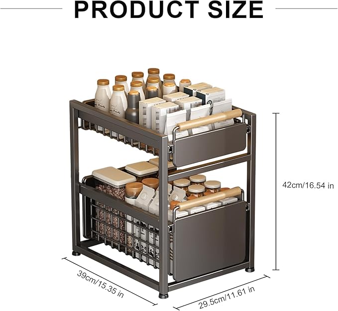 2 Tier Pull-out Storage Organizer, Slide Out Kitchen Cabinet Storage Sliding Shelves, Under Sink Organizers Drawer, Mesh Cabinet Basket with Handle for Bathroom, Home(Gray,Double Layer L)