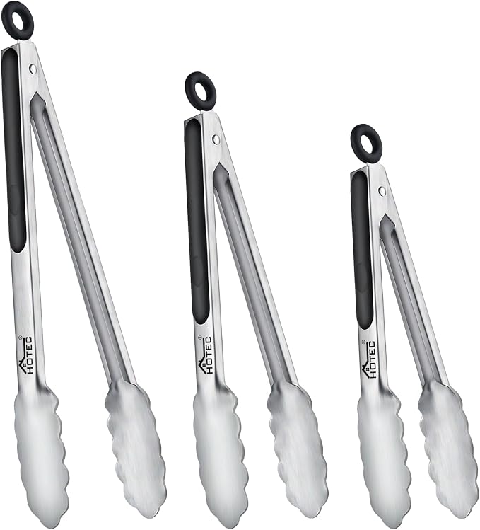 Hotec Stainless Steel Kitchen Tongs, Set of 3-7", 9" and 12", Locking Metal Food Tongs for Cooking, Serving, BBQ, Grill with Non-Slip Grip