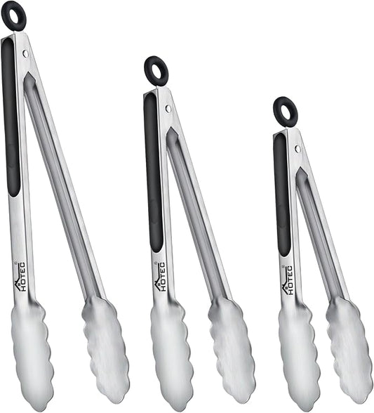 Hotec Stainless Steel Kitchen Tongs, Set of 3-7", 9" and 12", Locking Metal Food Tongs for Cooking, Serving, BBQ, Grill with Non-Slip Grip