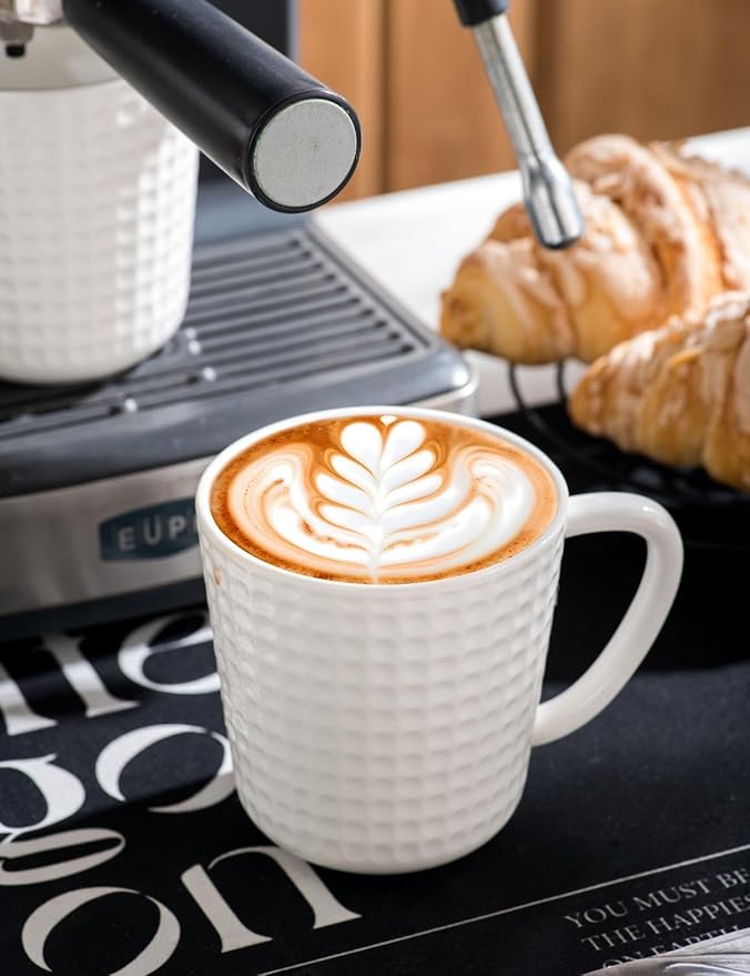 15 oz Ceramic Coffee Mugs Set of 6 - White Waffle Embossed Coffee Cups with Large Handle - Mugs for Latte, Cappuccino & Hot Cocoa - Dishwasher & Microwave Safe - Father's Day & Housewarming Gift