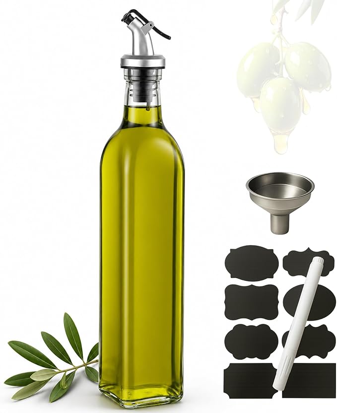 WERTIOO Olive Oil Dispenser Bottle, 17 OZ Glass Oil Dispenser for Kitchen with 1 Pourer,1 Stainless Steel Funnel & 1 Pen and 8 Label for Kitchen (500ml)