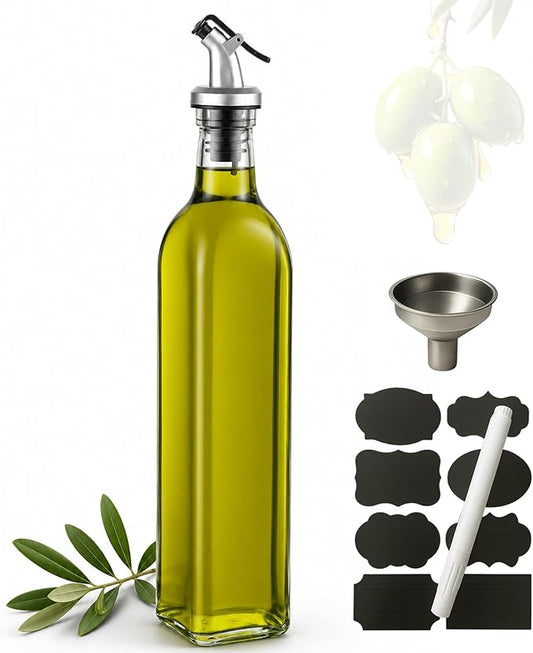 WERTIOO Olive Oil Dispenser Bottle, 17 OZ Glass Oil Dispenser for Kitchen with 1 Pourer,1 Stainless Steel Funnel & 1 Pen and 8 Label for Kitchen (500ml)