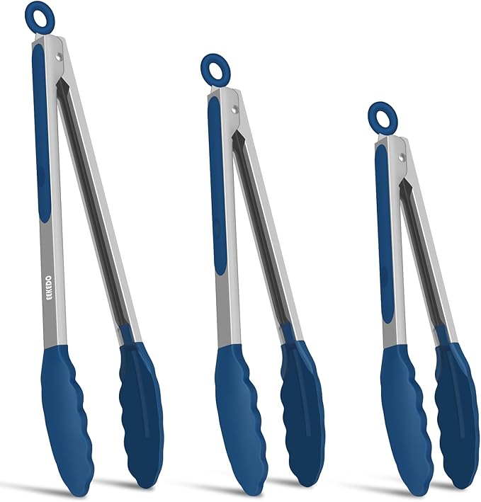 Kitchen Tongs, Stainless Steel Cooking Tongs with Silicone Tips, 600ºF High Heat-Resistant Non Scratch Locking Tongs for Cooking BBQ Grilling Air Fryer Pans, Set of 3 (7" 9" and 12") Navy Blue