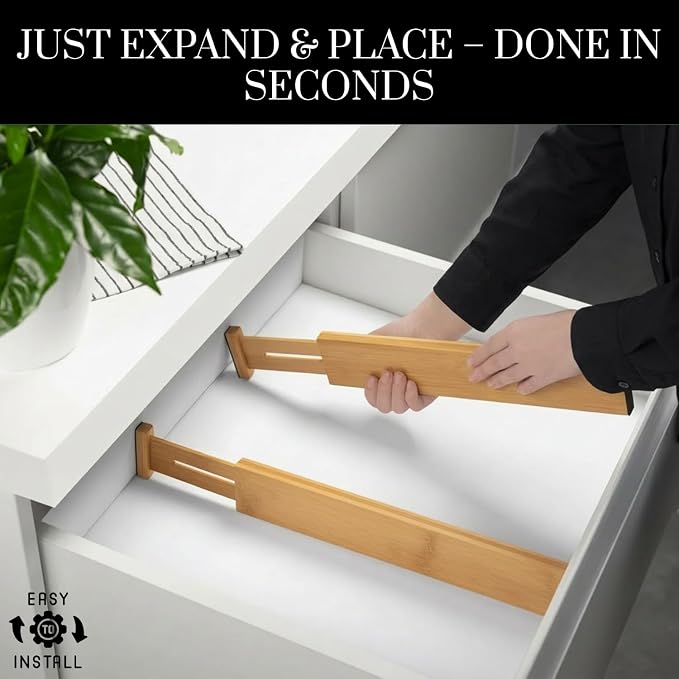 Expandable Bamboo Drawer Dividers 8 pack with labels(17"-22") Drawer Organizer for Kitchen, Clothes,Utensils,Silverware,Dresser,Office,Desk
