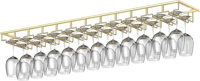Xverycan Wine Glass Rack Under Cabinet, 12 Row Extreme Large Stemware Hanger, Metal Wine Goblet Holder, DIY Bar Glass Storage Rack for Bar Counter, Kitchen, Screws Included (Gold)