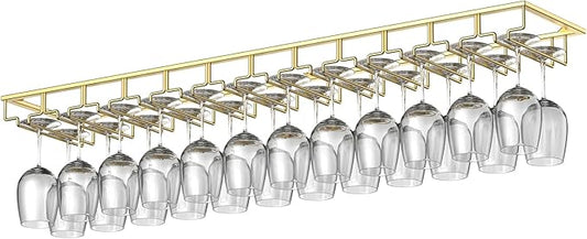 Xverycan Wine Glass Rack Under Cabinet, 12 Row Extreme Large Stemware Hanger, Metal Wine Goblet Holder, DIY Bar Glass Storage Rack for Bar Counter, Kitchen, Screws Included (Gold)