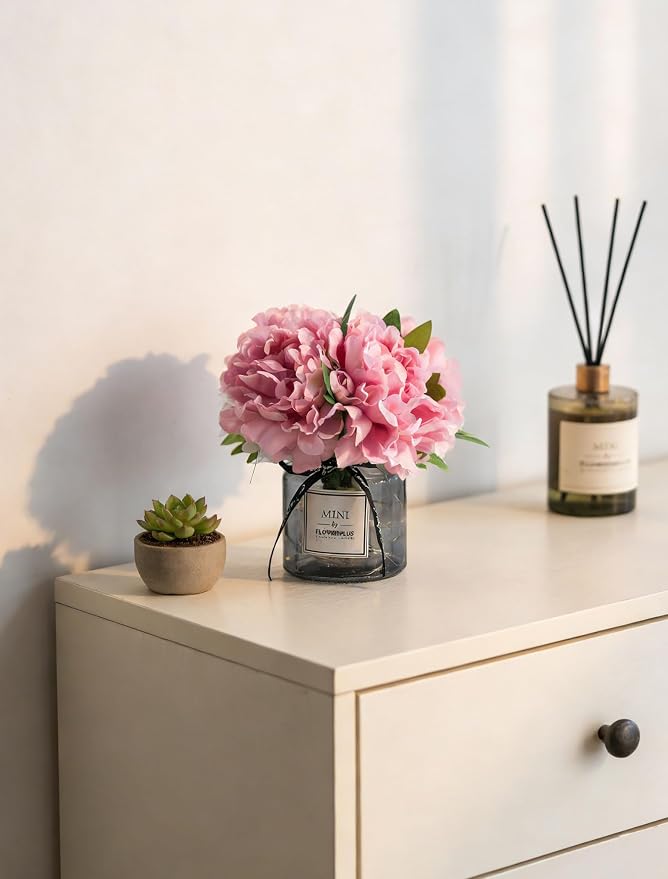 BLOSMON Pink Artificial Flowers in Vase: Fake Hydrangea with Gray Vase LED Light for Table Centerpieces Decor - Small Faux Arrangements Desk Vanity Bathroom Office Decoration (8.2" Height)