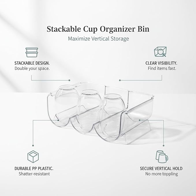 Clear Stackable Cup Organizer Bin, Vertical Storage Container for Kitchen Cabinets & Pantry, Durable PP Plastic