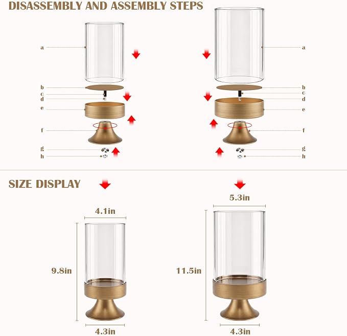 Gold Hurricane Candle Holder with Glass Cylinder Decorative Metal Pedestal Candlestick Holders for Pillar Candles Elegant Centerpiece for Dining Table Wedding Fireplace Mantel Living Room Home Decor