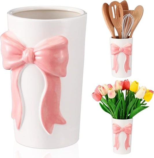 LemonRoad Pink Bow Ceramic Utensil Holder 3D Coquette Handmade Pink Kitchen Decor Gifts Cooking Utensil Crock Preppy Caddy Pen Holder Vase Graduation Gift for College Students
