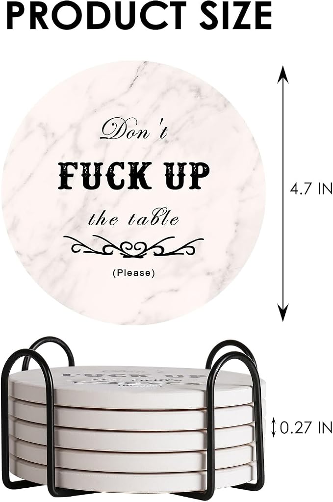 Funny Drink Coasters Ceramic Absorbent Coasters, Don't up The Table Unique Stone Drink Coaster with Cork Back for Coffee Table, Living Room, Family and Friends (Round-White, 6)