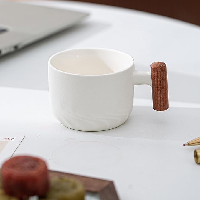 2.5oz Ceramic Espresso Cups with Wooden Handle, Chinese KungFu Tea Cup, Coffee Cups Set of 4 (Black/White)