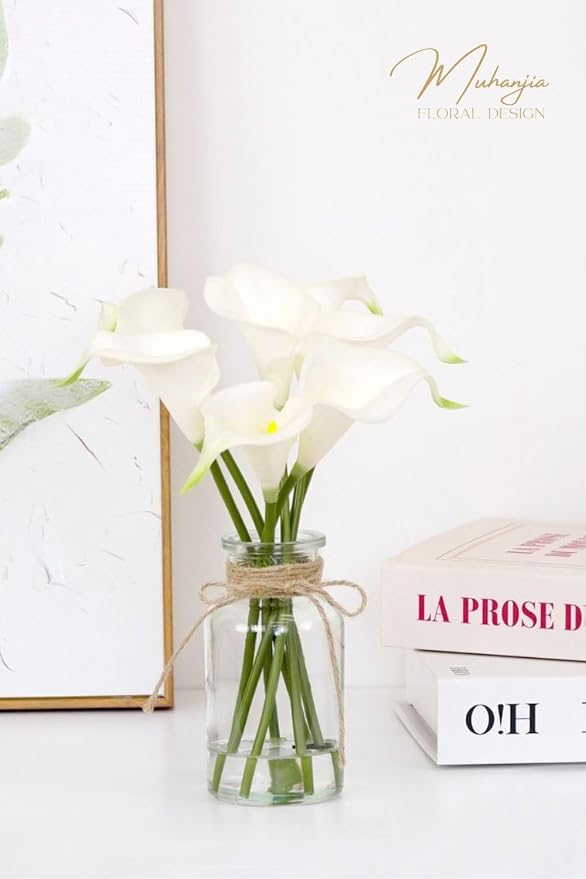 Muhanjia Artificial Flowers Calla Lily in Glass Vase with Faux Water,7Pcs Artificial Flower Real Touch Latex Flowers for Centerpiece Table Decorations Counter Decor(White Calla Lily)