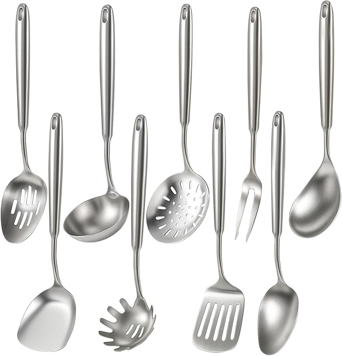 Newness 9 Pcs Cooking Utensils Set, 304 Stainless Steel Kitchen Utensils Set, Metal Kitchen Accessories, Include Soup Ladle, Slotted Skimmer Spoon, Spaghetti Spoon and Spatula, Dishwasher Safe (Short)