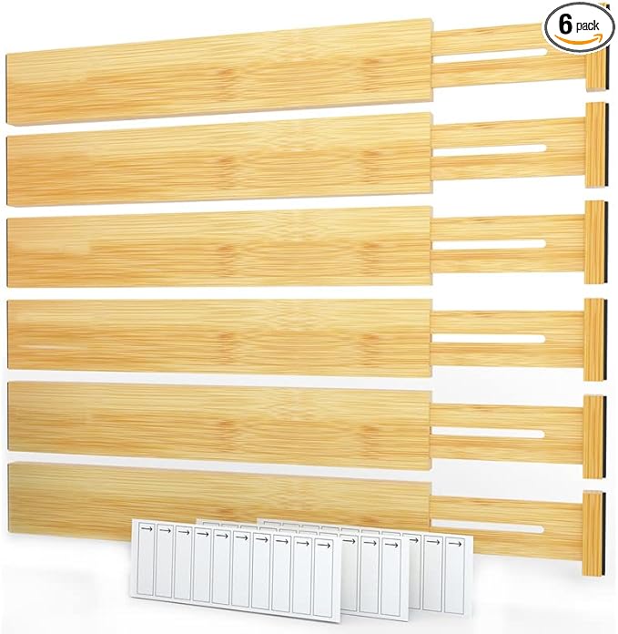 SpaceAid Bamboo Drawer Dividers with Labels, Kitchen Adjustable Drawer Organizers, Expandable Organization for Home, Office, Dressers and Bathroom, 6 Dividers (17-22 in)