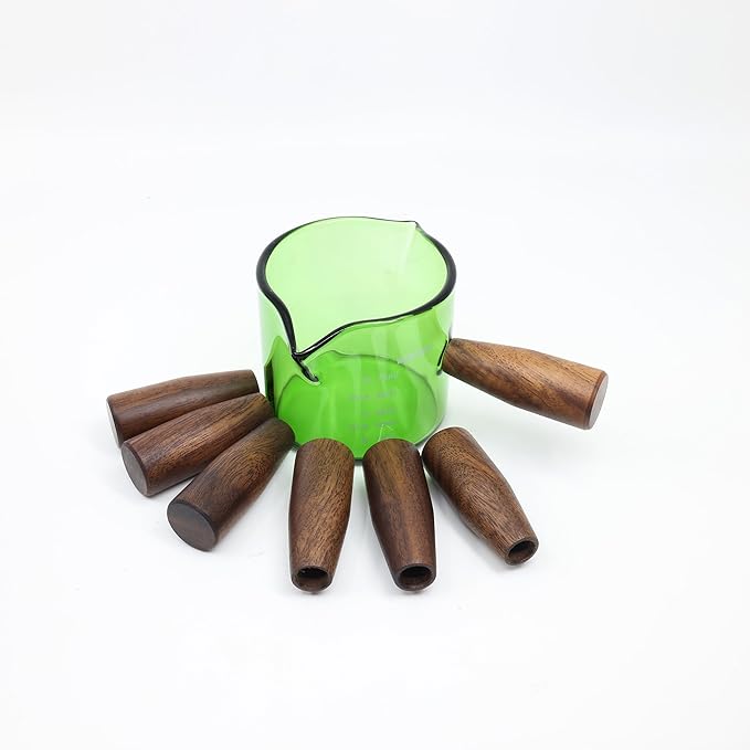 Handmade 3.5oz Espresso Shot Glass Double Spouts with American Walnut Handle, Measuring Triple Pitcher Milk Cup with 2 Spouts, Coffee Measuring Cup Glass for Barista (Emerald)