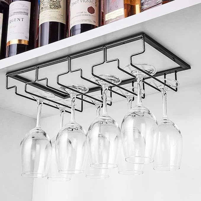 Hanging Wine Glass Rack Under Cabinet, Holds up to 12 Glasses, Glasses Storage Hanger, Organizer for Home Kitchen Décor(4 Rows)