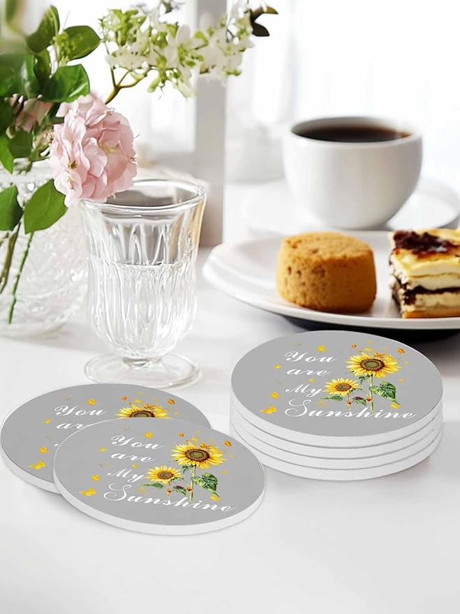 Coasters Set of 4 Sunflowers Drink Coasters with Holder Absorbent Stone Ceramic Cup Mat Grey Butterfly You are My Sunshine Coaster for Drinks Coffee Bar Office Kitchen Cafe Home Decor