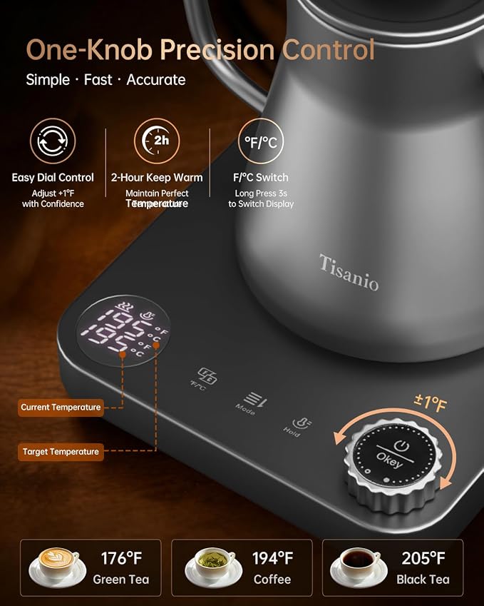 Gooseneck Electric Kettle for Pour Over Coffee, ±1°F Precision Control, Smart Two-Stage Heating, 2-Hour Keep Warm, 0.9L Stainless Steel, Gray Wood Handle