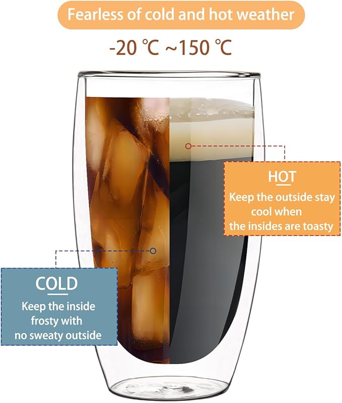 Set of 4 Double Wall Glass Coffee Mugs (15oz) - Insulated Clear Borosilicate Glass Cups for Latte, Cappuccino, Tea, and Espresso - Heat Resistant Glassware Gift for Christmas & Birthday