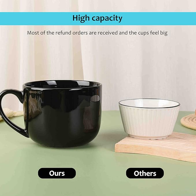 50oz lagrge Ceramic Soup Mug with Handles for Coffee, Tea, Ice Cream, Cereal (Black)