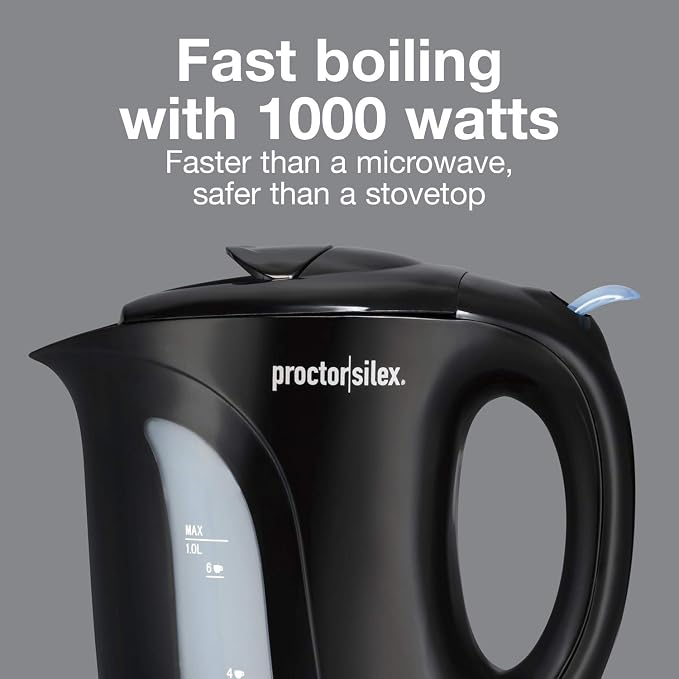 Proctor Silex Electric Tea Kettle, Water Boiler & Heater Auto-Shutoff & Boil-Dry Protection, 1000 Watts for Fast Boiling, 1 Liter, Black (K2071PS) (Pack of 2)