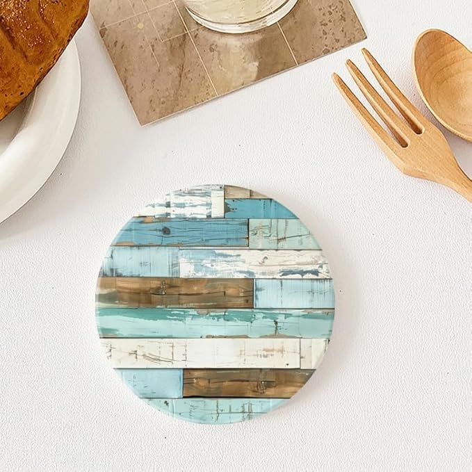 Ceramic Drink Coasters Absorbent Set of 1, Distressed Blue and White Planks Round Anti Slip Modern Cup Coasters for Desk Kitchen Office Housewarming Hostess Gifts (4 * 4 Inch)