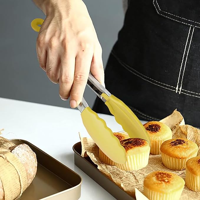 HINMAY Small Appetizer Tongs 7-Inch Silicone Tipped Kitchen Tongs, Set of 3 (Yellow)