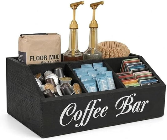 Wooden Coffee Bar Organizer, Farmhouse Counter Coffee Station Accessories Organizer, Rustic Decor Natural Solid Wood, 5 Compartment Design, Large Space Storage