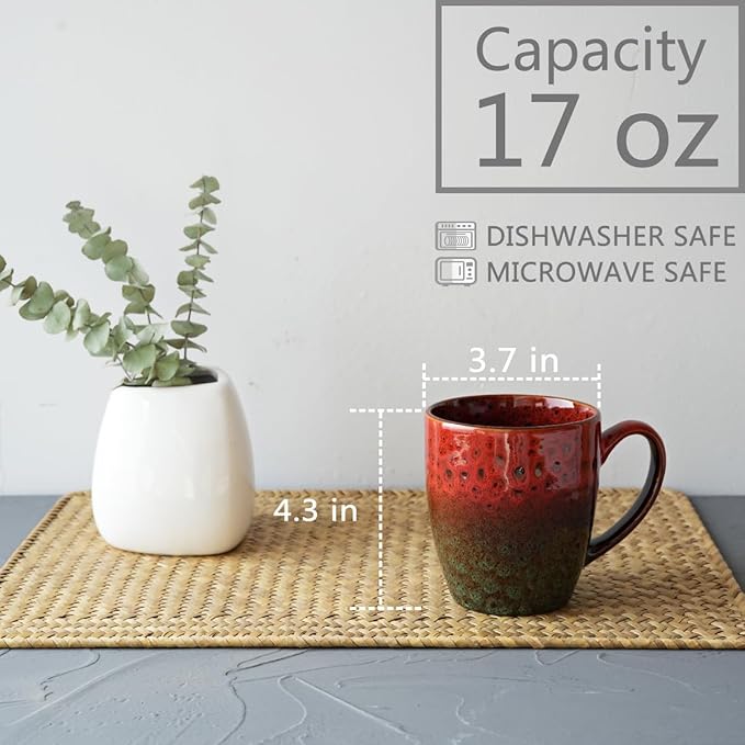 Bosmarlin Ceramic Coffee Mug Set of 4, 17 Oz, Coffee Cups with Big Handle, Microwave Safe, Unique Reactive Glaze (Multicolor)