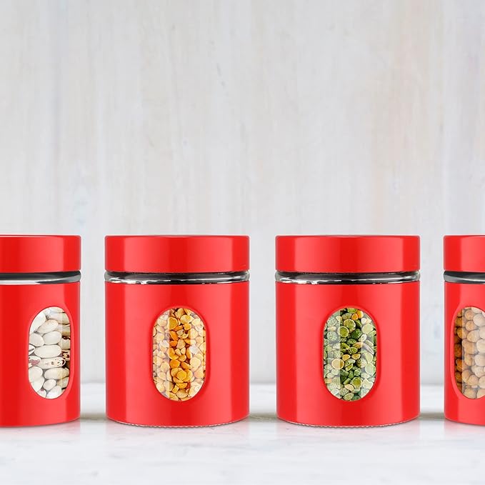 6 Pack Kitchen Canisters Set 20 oz Airtight Stainless Steel Canister Food Storage Container with Window Glass, Coffee Sugar Candy Jars Tea Organizer for Flour Cookies Spices Grains Kitchen(Red)
