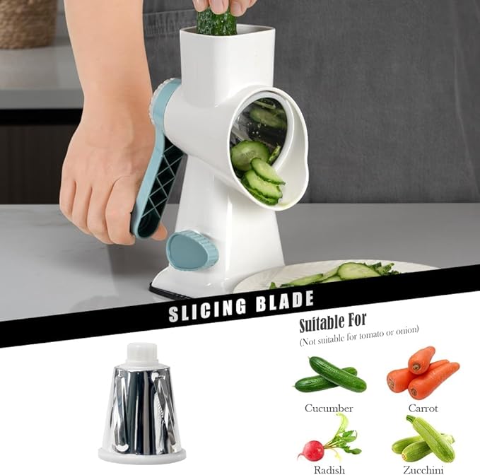 Badelite Cheese Grater Hand Crank Rotating Cheese Shredder Stainless Steel Vegetable Slicer Grater for Kitchen 3 Blades for Cheese, Carrot, Cucumber, Nuts, Chocolate, White