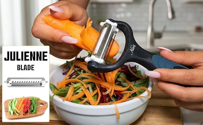 3-in-1 Vegetable Peeler & Julienne Peeler with 360° Rotating Stainless Steel Blades– Multifunction Julienne Cutter, Shredder & Slicer with Soft Handle-Fruits, Potato, Papaya Cucumber & Carrot Peeler