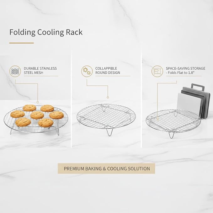 Foldable Stainless Steel Cooling Rack, Round Wire Mesh Baking Stand for Even Airflow, Space-Saving Collapsible Design for Kitchen Storage (10.6 Inch, Silver)