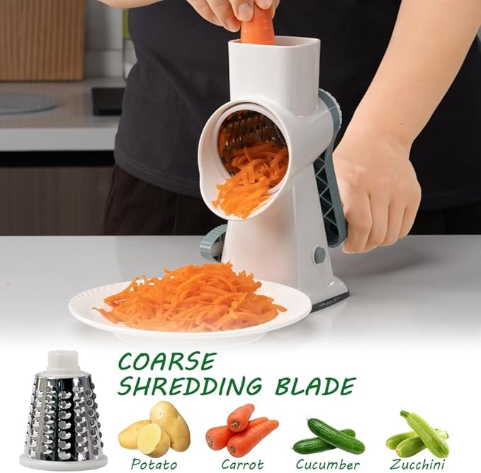 3 in 1 Manual Vegetable Cutter Machine with Stainless Steel Changeable Blades Rotary Cheese Grater Kitchen Tool Potato Slicer Shredder Nuts Chocolate Chopper (White blue)