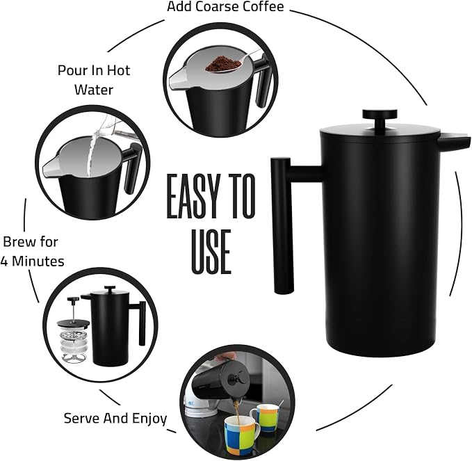 Utopia Kitchen 304 Grade Stainless Steel French Press 17 Oz, Black | Double Wall Insulated Coffee Press with 4-Level Filtration System, Include 2 Extra Filters, Rust-Free, Dishwasher Safe