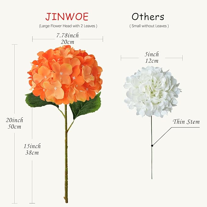 JINWOE 5Pcs 20Inch Orange Artificial Hydrangeas, Full Silk Flower Heads with Stem, Halloween Fake Hydrangea Flowers for Wedding Home Garden Centerpiece Floral Arrangements