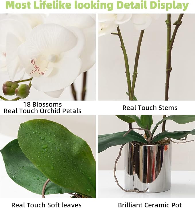 CXGS Artificial Orchid Flower Plant Real Touch Faux Orchids in Ceramic Vase White 19.7'' Fake Phalaenopsis Flower Arrangement Centerpiece Home Indoor Decor