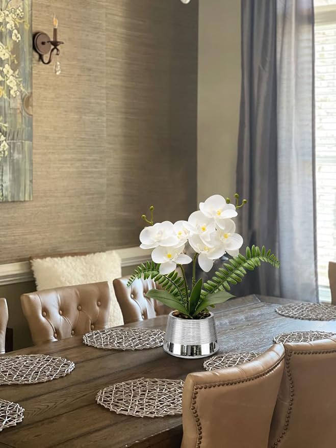 Oairse White Orchids Artificial Flowers in Silver Pot Faux Phaleanopsis Orchid Bonsia Fake Orchid Centerpiece for Dining Room Table