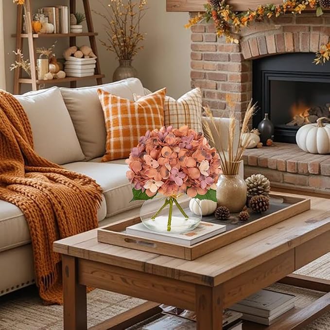 Hollyone Fall Hydrangea Artificial Flowers for Decoration with Glass Vase Dark Peach Autumn Silk Fake Flower Arrangements with Faux Water Table Centerpiece Vase with Flowers Fall Decorations for Home