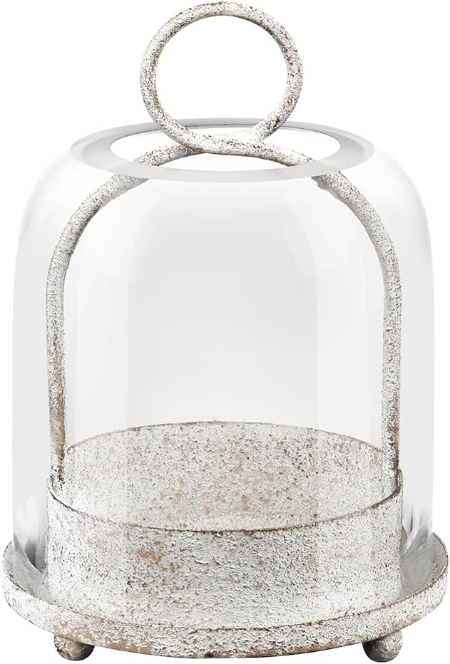 5"x7.5" Versatile Modern Metal Hurricane Lantern with Handmade Sturdy Glass Dome in Vintage White for 3" Pillar Candle & Plants, Industrial, Farmhouse, Shabby Chic
