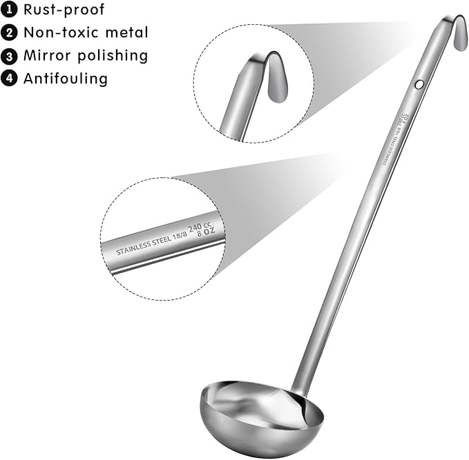 meekoo 3 Pieces Stainless Steel Ladle Soup Handle Ladle with Pouring Rim for Kitchen Cooking Soup Sauce (8 oz)
