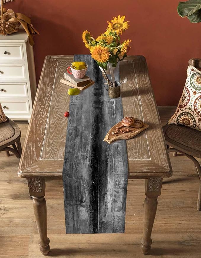 Vintage Black Table Runner - 72 Inch Long, Oil Modern Paintings Abstract Kitchen Dining Table Runner Dresser Scarves, Geometric Artwork Grey Black Tablerunner for Coffee Table Wedding Party, 14x72 in