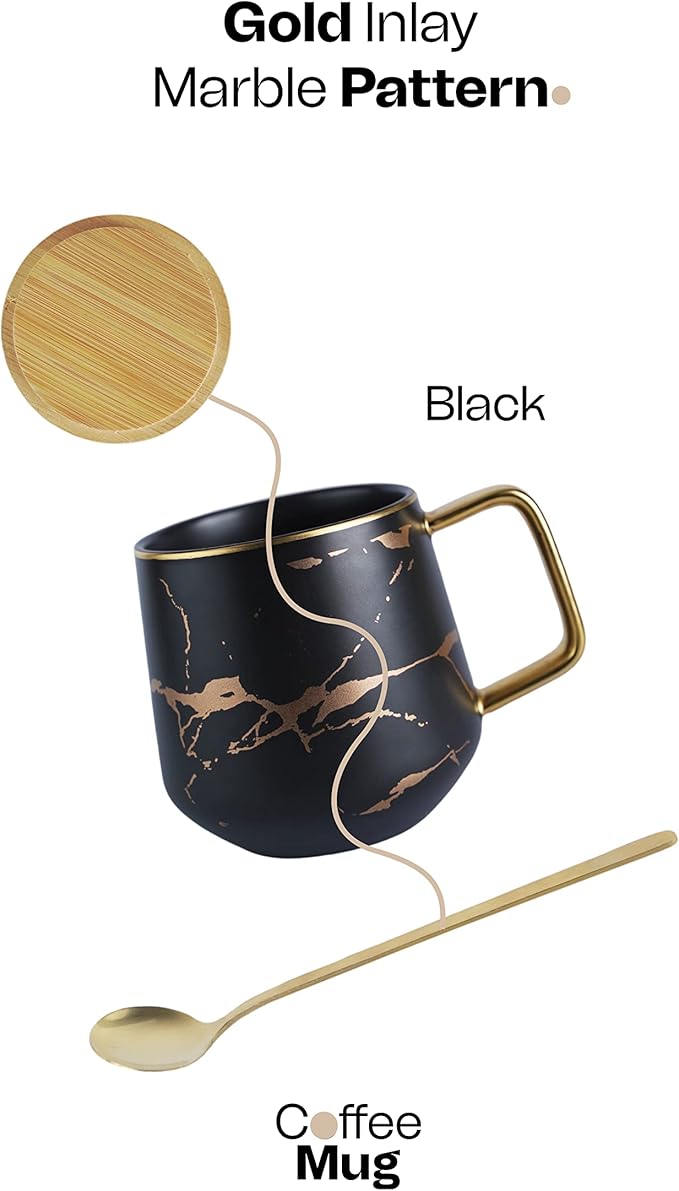 Classic Ceramic Kintsugi Style Black Coffee Tea Mug with Gold Inlay, Spoon and Bamboo Lid- 12 OZ, Large Mugs for Men and Women, Unique Design, Perfect Novelty Gift- Dishwasher Safe