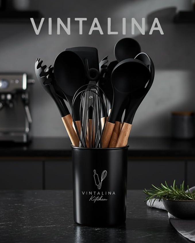 Silicone Cooking Kitchen Utensils Set – BPA‑Free, Non‑Toxic, Non-Stick, Heat‑Resistant to 446 °F, Non‑Scratch Wooden Handles + Utensil Holder (Black)